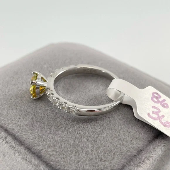 1ct Certified Yellow Moissanite Round Cut Sterling Silver Engagement Ring